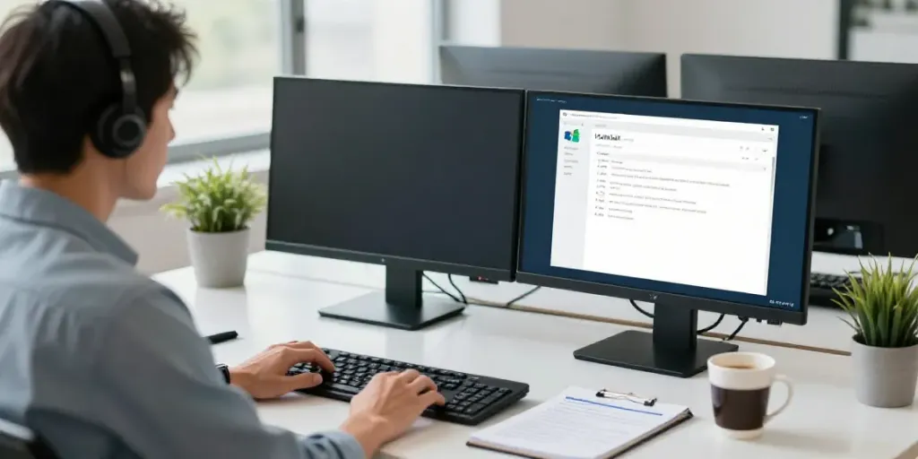 Hotmail technical support professional assisting users in a modern workspace.