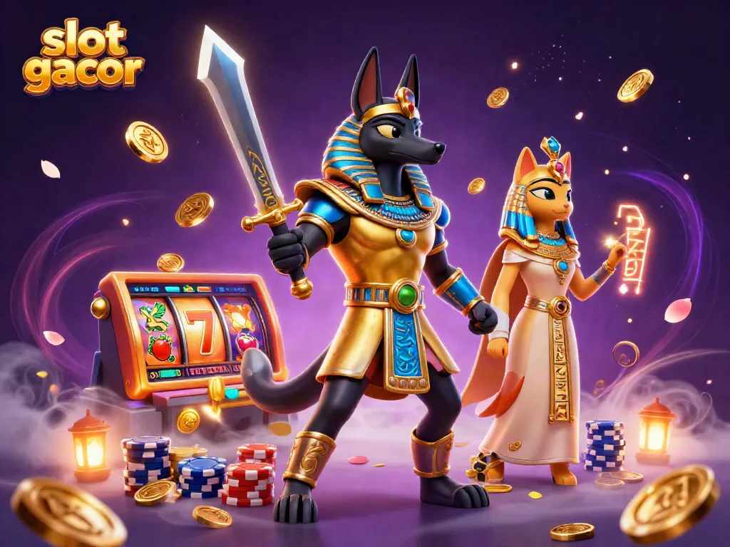 Experience thrilling gameplay with slot gacor, featuring lucky sevens, vibrant fruit symbols, and cascading coins.