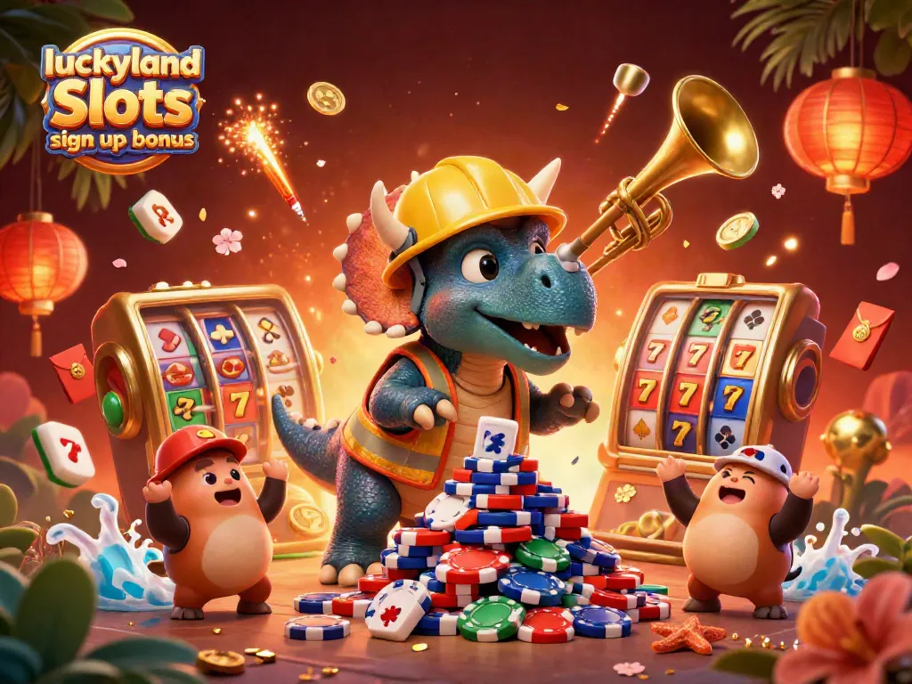Experience thrilling action with luckyland slots sign up bonus in this vibrant 3D casino illustration.