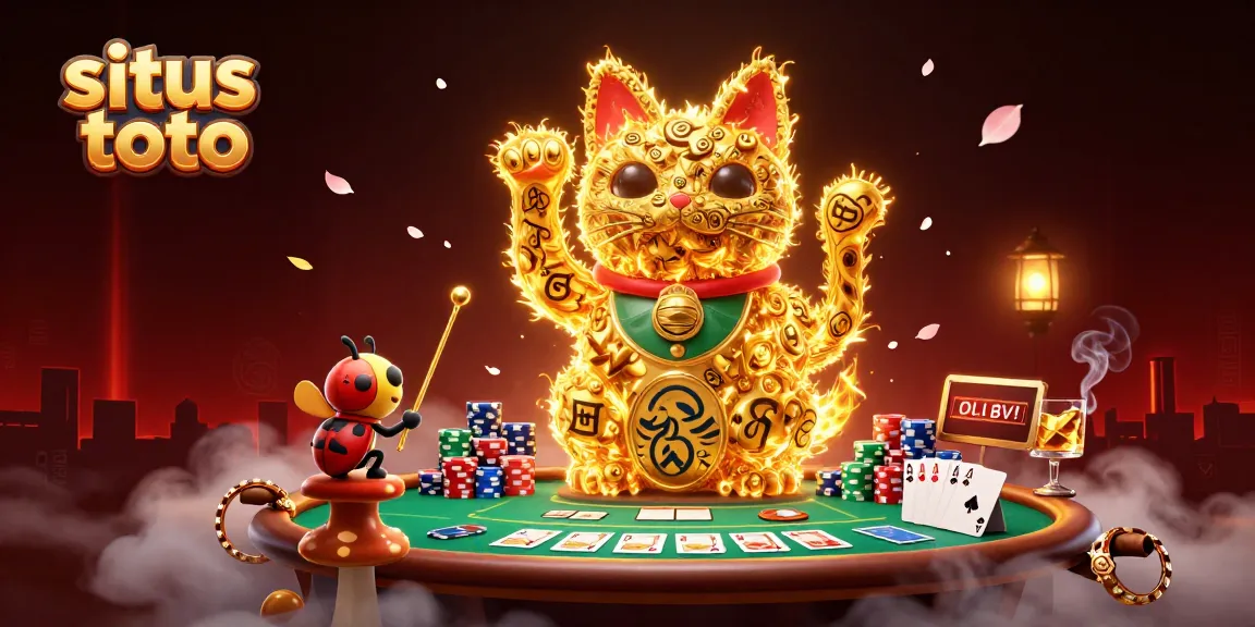 Menangkan permainan di situs toto dengan simbol kasino, kucing keberuntungan, dan banyak chip poker.