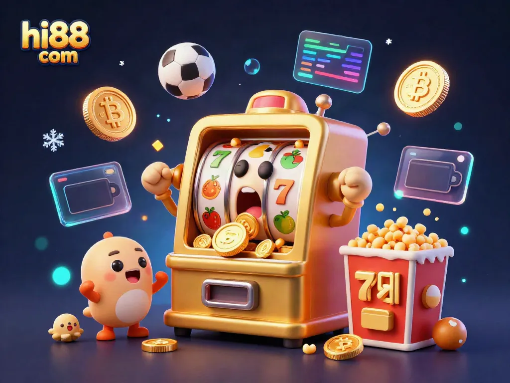 Experience excitement with hi88 com as slot machines hit jackpots amidst golden coins and blockchain elements.