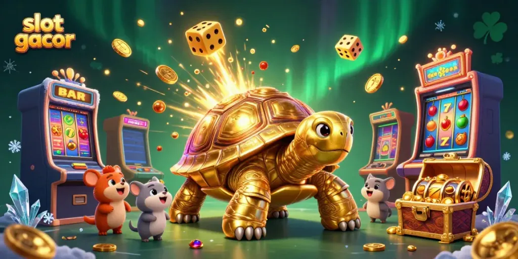 Experience the excitement of slot gacor with a vibrant casino-themed illustration filled with dynamic characters and elements.