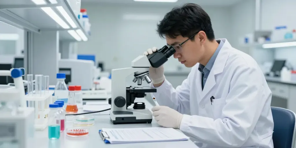 Scientist analyzing ac peptide samples in a bright laboratory setting.