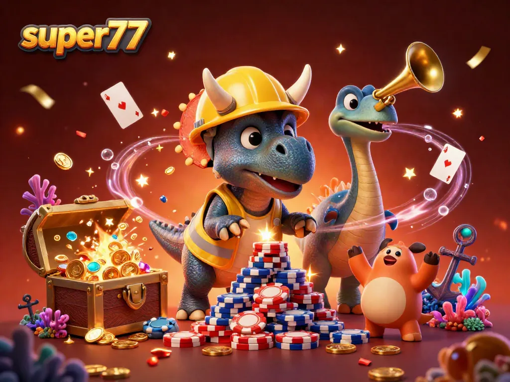 Engage with super77's vibrant casino world, where a triceratops builds poker chip pyramids in celebration.