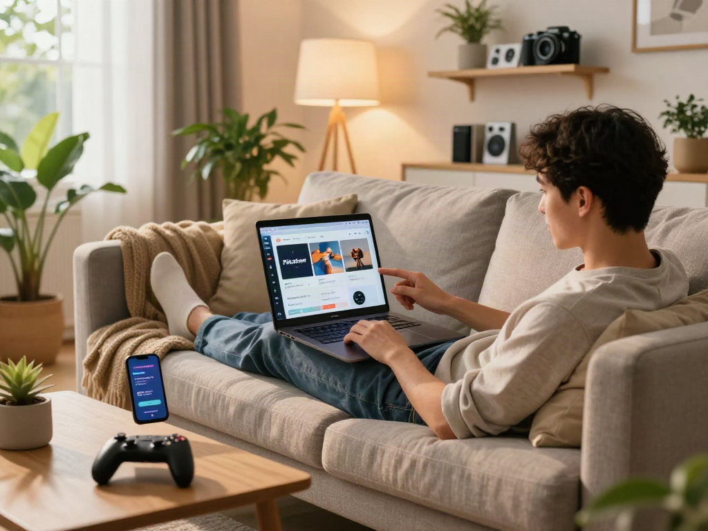 Engaging with Pikashow on a laptop in a modern living room