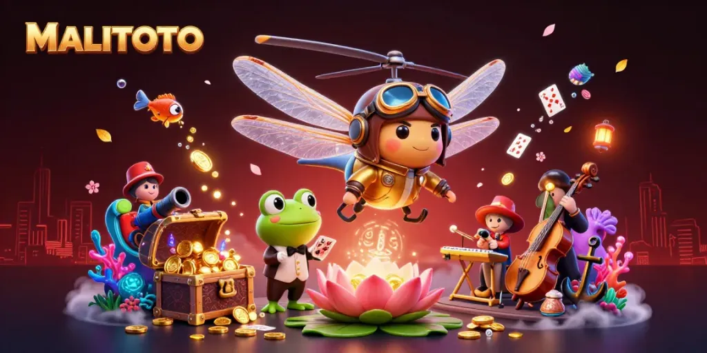 MALITOTO frog croupier dealing cards at a lily pad casino with a dragonfly pilot and jazz musicians.