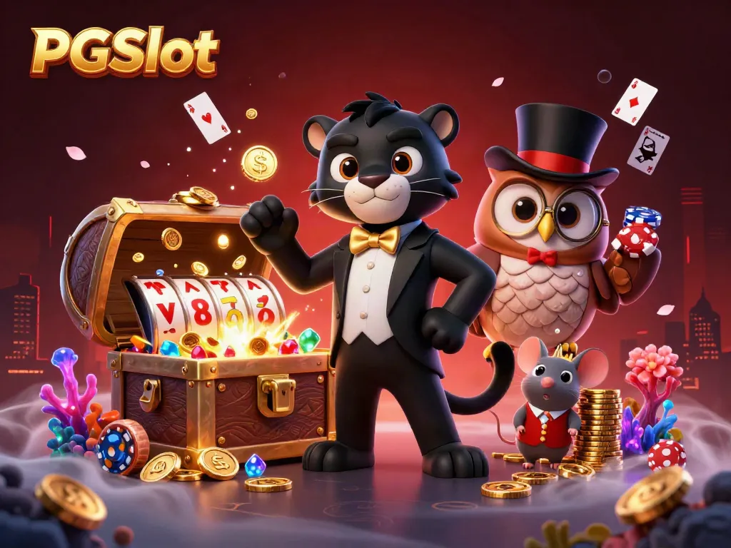 Experience PGSlot excitement with a stylish black panther, owl, and lucky mouse amid vibrant casino elements.