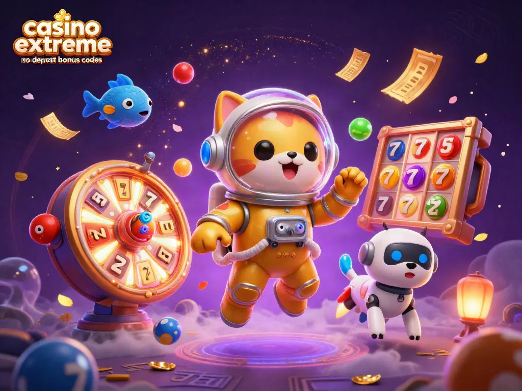 Experience the excitement of casino extreme no deposit bonus codes with a 3D cartoon scene of an astronaut cat and robot dog amidst vibrant casino elements.