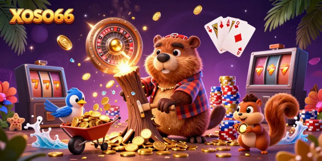 XOSO66 gameplay scene featuring a beaver collecting golden coins, a vibrant casino atmosphere