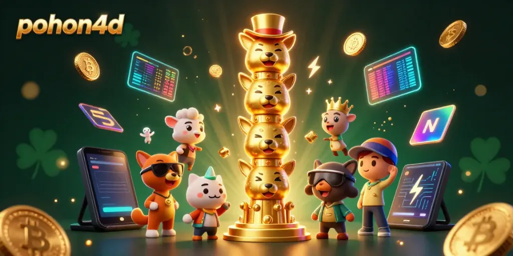 Engage in thrilling online gaming with pohon4d's vibrant casino scene featuring a whimsical golden totem pole and crypto elements.