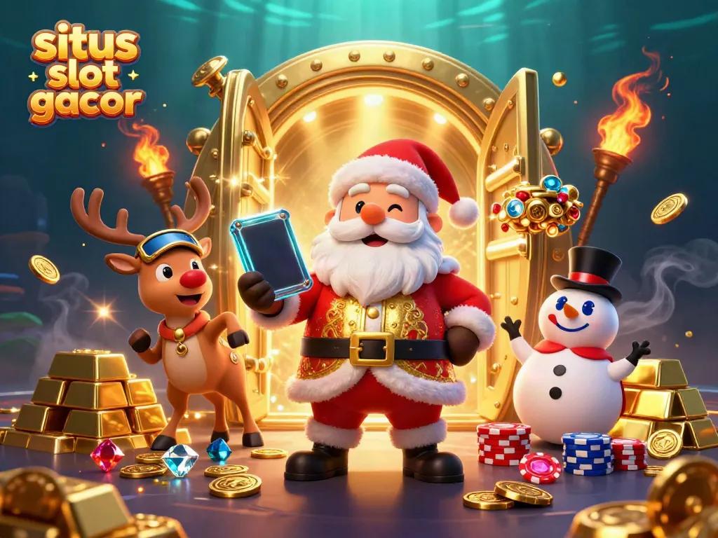 Join Santa Claus and friends in a vibrant scene celebrating situs slot gacor with golden treasures and festive elements.