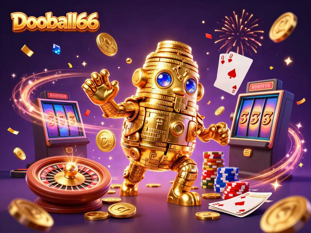 Watch the action with Dooball66 as golden coins and profits flow in this dynamic gambling illustration.