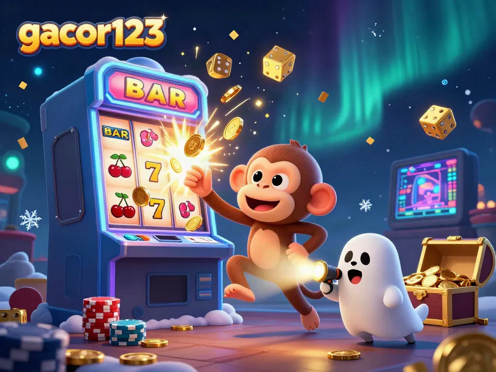 Experience the excitement of gacor123 with a playful monkey juggling coins in a vibrant casino scene.