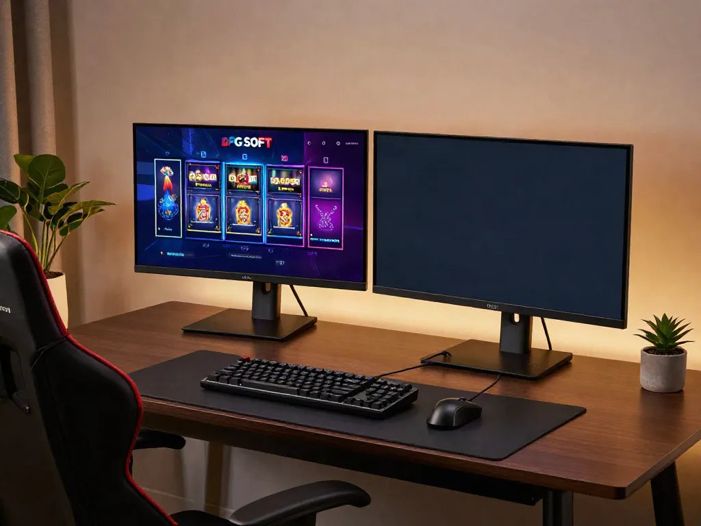 Online gaming setup showcasing PG SOFT slot games on dual monitors for situs slot gacor thailand enthusiasts.