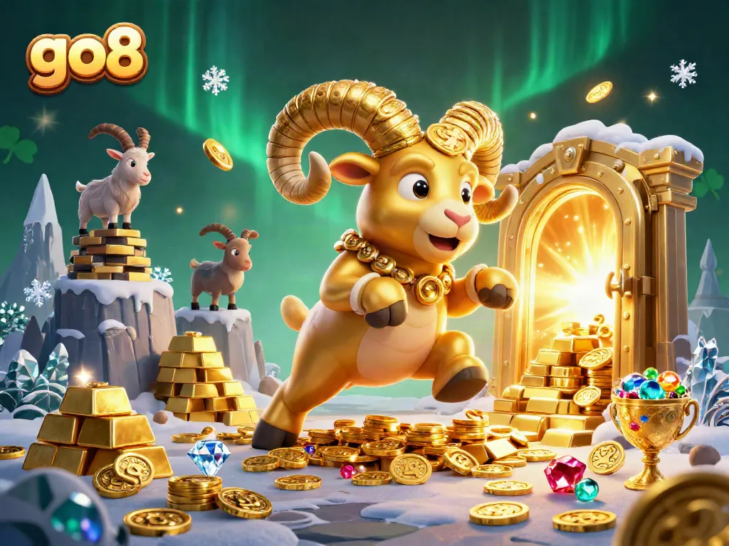 Engage with go8's vibrant casino scene featuring a golden ram amidst treasures and gems.