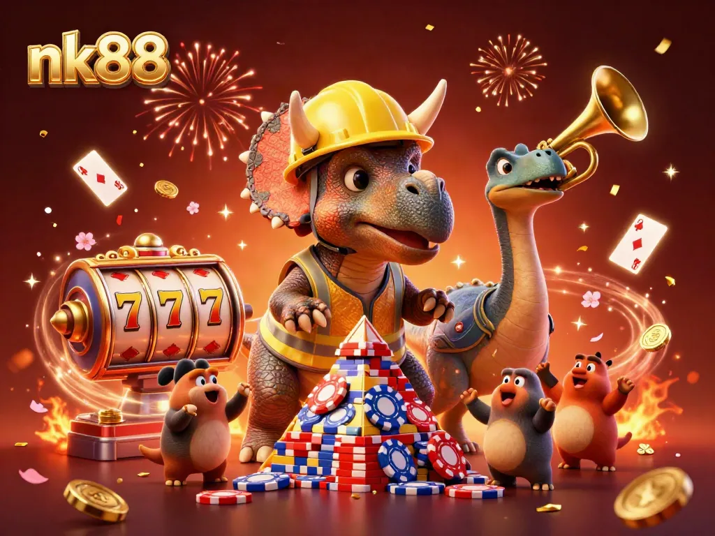 nk88 celebrates wins with a triceratops and games in a vibrant casino scene.