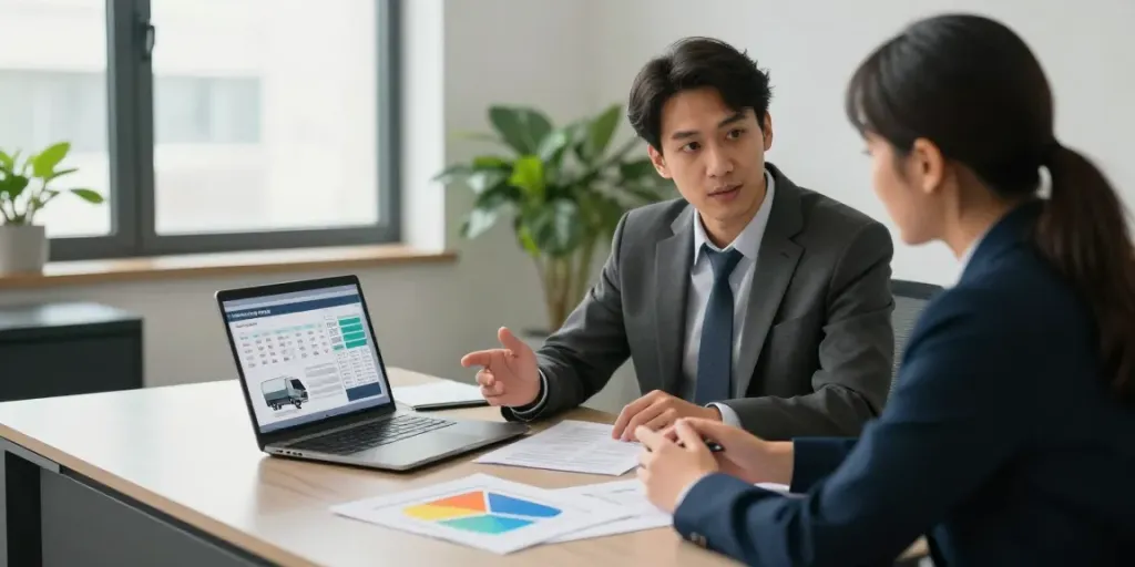 Truck finance consultation between broker and business owner in a modern office.