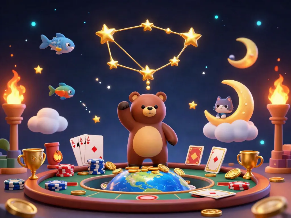 Play Login Poker88 with a vibrant illustration of a 3D constellation bear under a starry sky, showcasing poker elements.