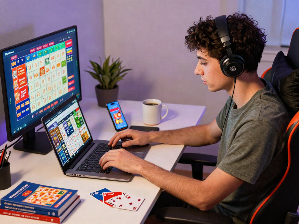 Engaging with bandar togel online in a modern home workspace filled with lottery elements.