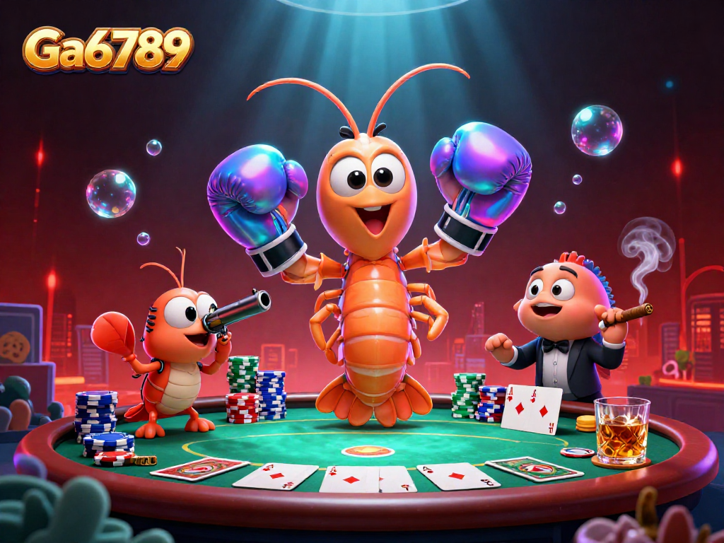 Ga6789 poker action with vibrant mantis shrimp characters in a packed underwater casino scene.