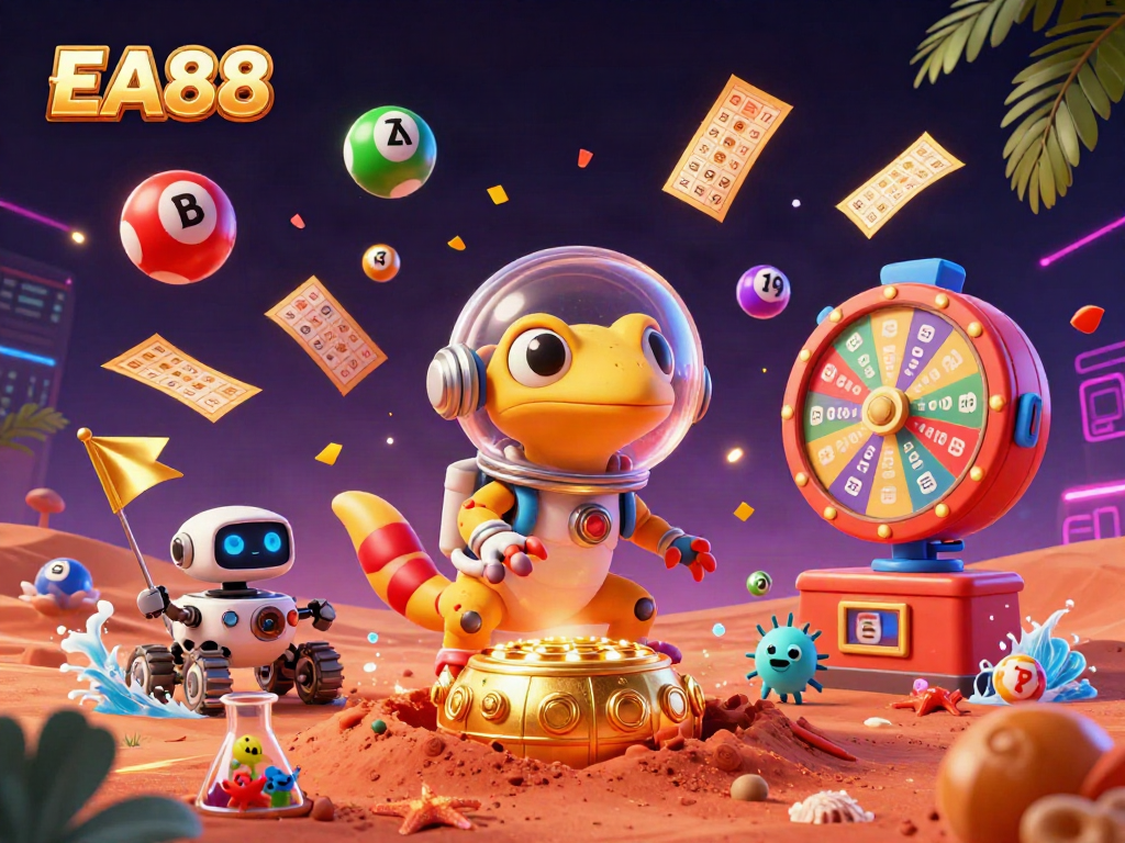 EA88 showcasing dynamic lottery action with colorful balls and a Martian gecko in a vibrant casino