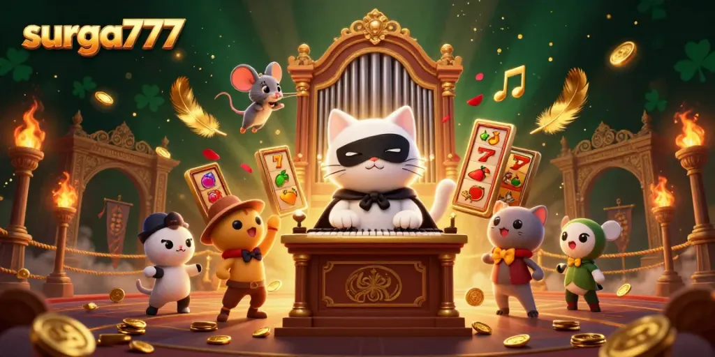 Experience thrilling entertainment at surga777 with a charming casino scene featuring a masked cat and mouse acrobat.
