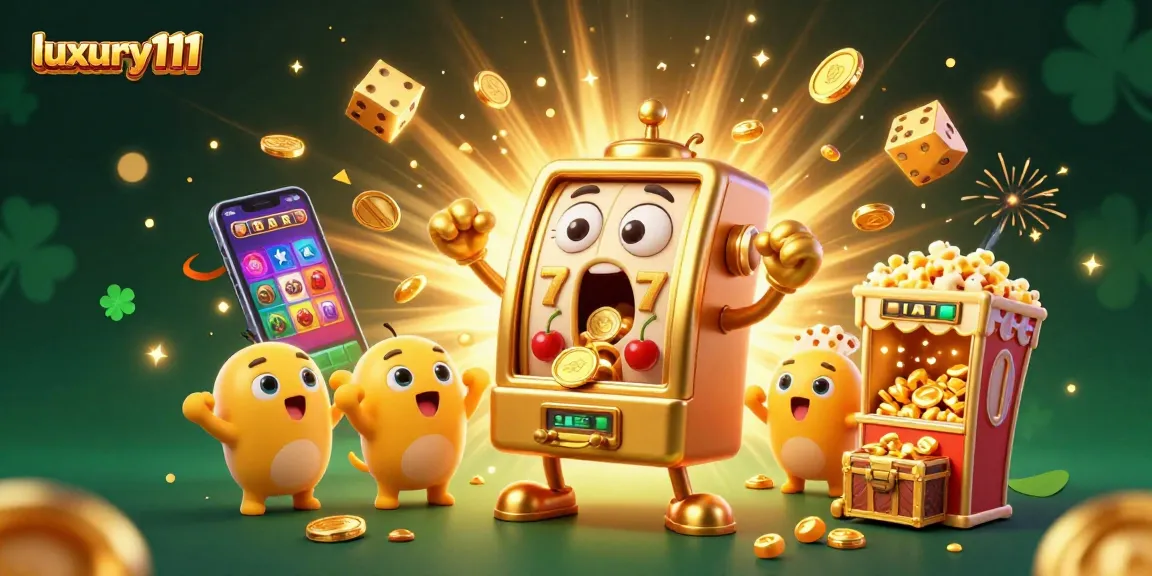 Experience luxury111's thrilling slot action with animated characters celebrating a jackpot win.
