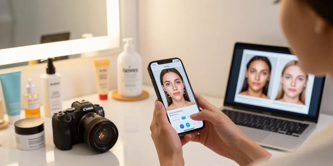 Exploring alternatives to QOVES with a user analyzing facial features using an app, skincare products surrounding them.