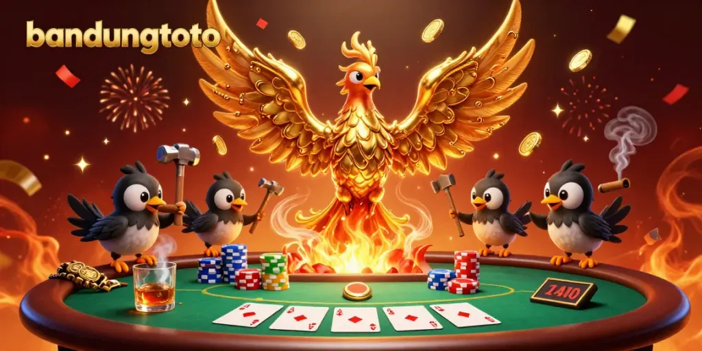 Engage with bandungtoto's thrilling online gaming experience featuring a molten phoenix and poker elements.