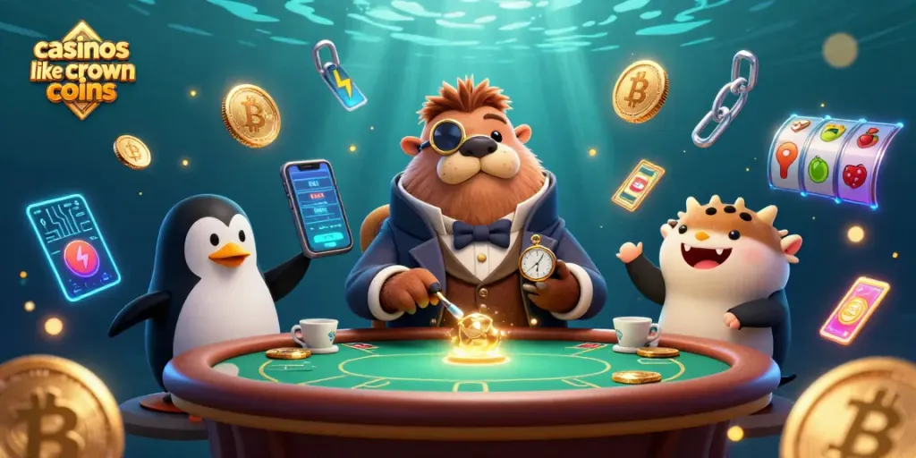 Play dynamic casino games like crown coins with a jolly walrus and friends at an underwater poker table.