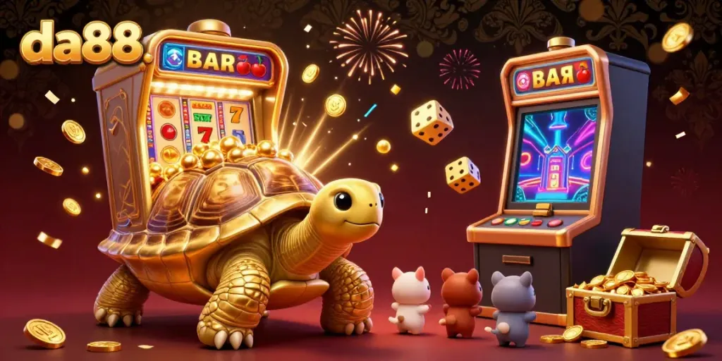 Engaging scene of da88's animated games with a giant tortoise pinball machine and a bursting jackpot slot, excitement in gaming.