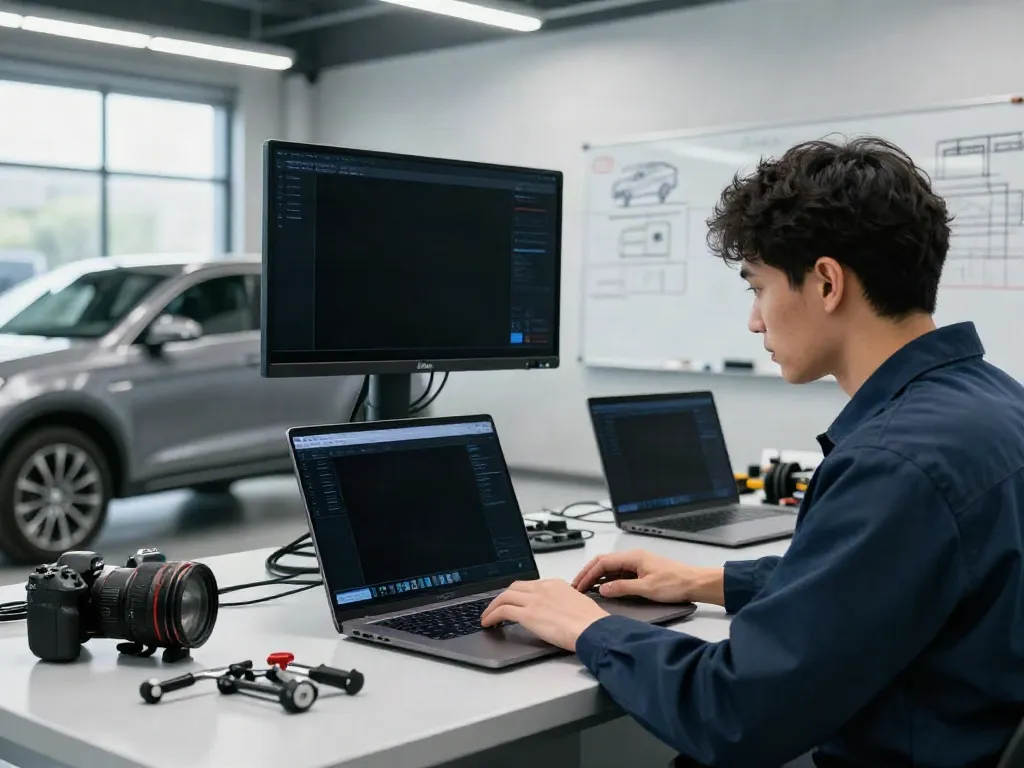 Automotive technician utilizing a web link interface on a laptop in a clean workshop.