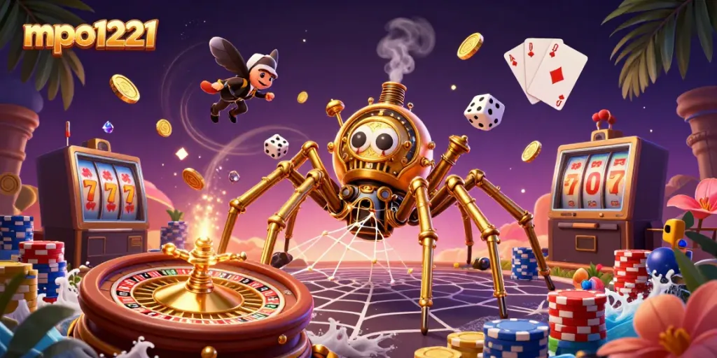 Catch big wins with mpo1221 in this vibrant 3D casino illustration featuring dynamic game elements.