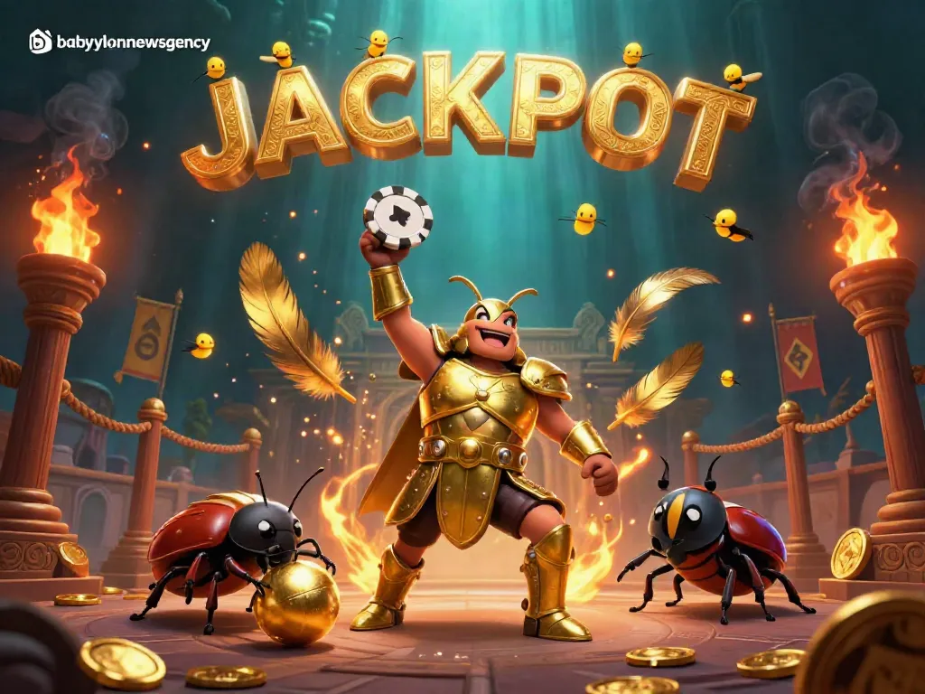 Experience the excitement of babylonnewsagency with a 3D hercules beetle in golden gladiator armor celebrating a jackpot.