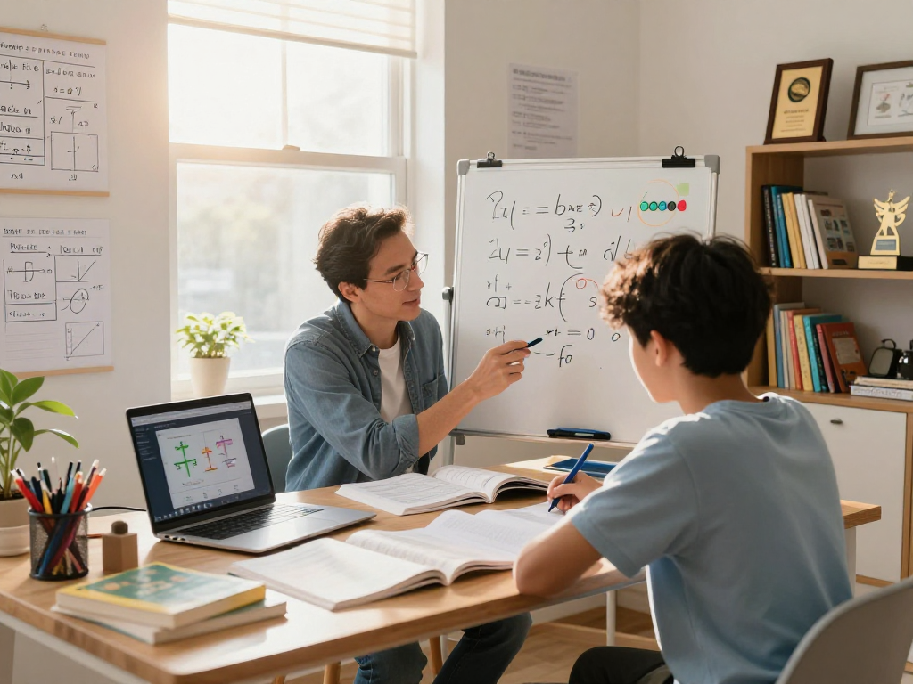 Maths tutors engaging with a student in a bright study, showcasing personalized learning.
