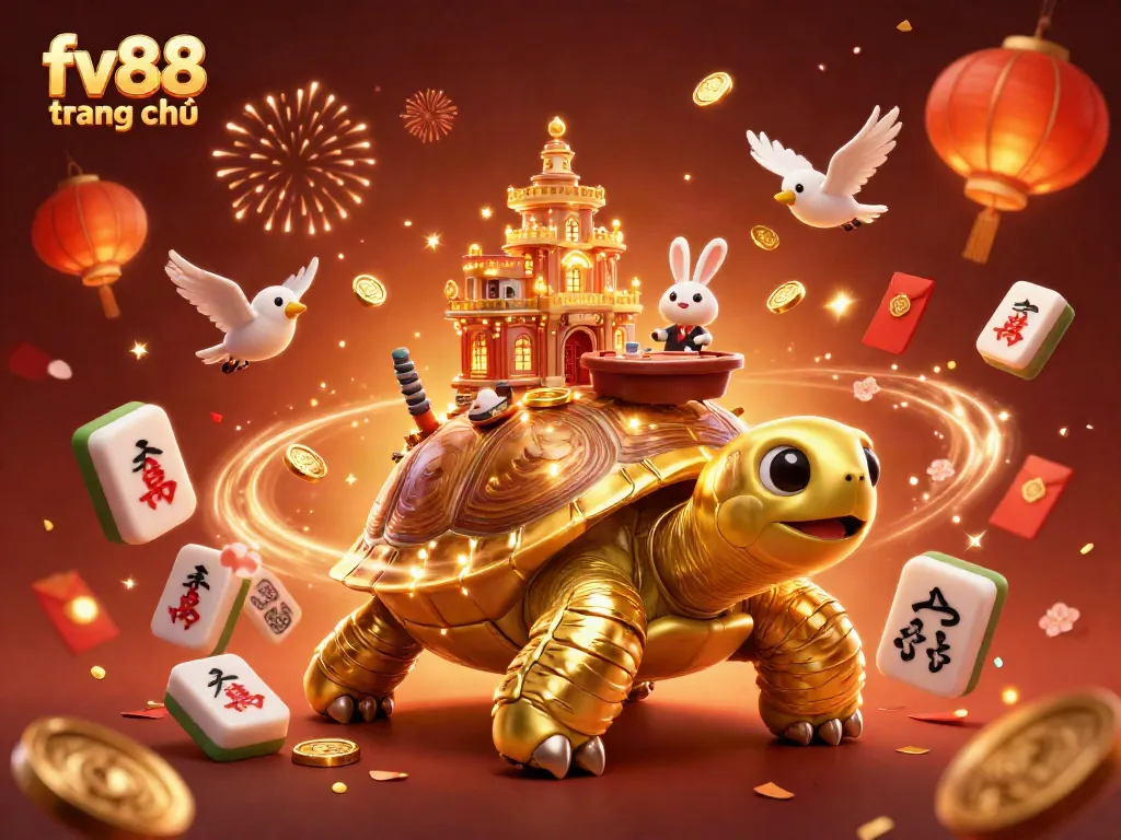 Experience winning strategies at fv88 trang chủ with our vibrant casino illustration featuring a golden tortoise.