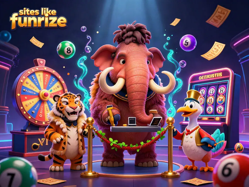 Engage with exciting sites like Funrize featuring vibrant slot reels and colorful lottery elements at a casino door.