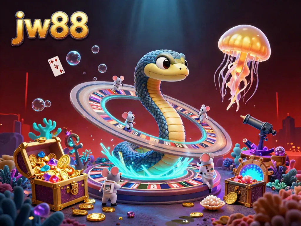 Experience the excitement of jw88 with a thrilling roulette scene featuring a Saturn ring snake and astronaut mice in a cosmic casino.
