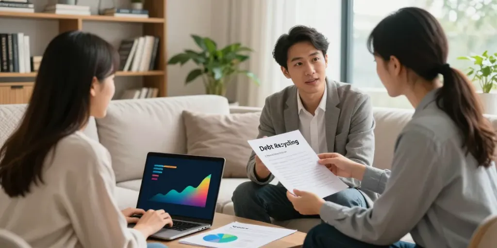Debt recycling discussion in a modern living room with a consultant and young couple.