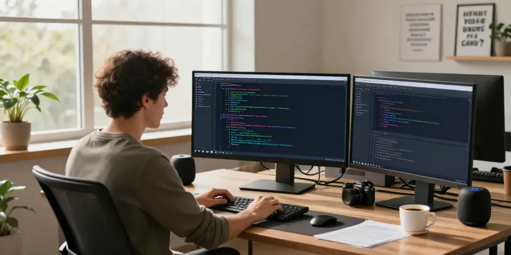 Software developer crafting AI search optimized content in an engaging tech workspace.