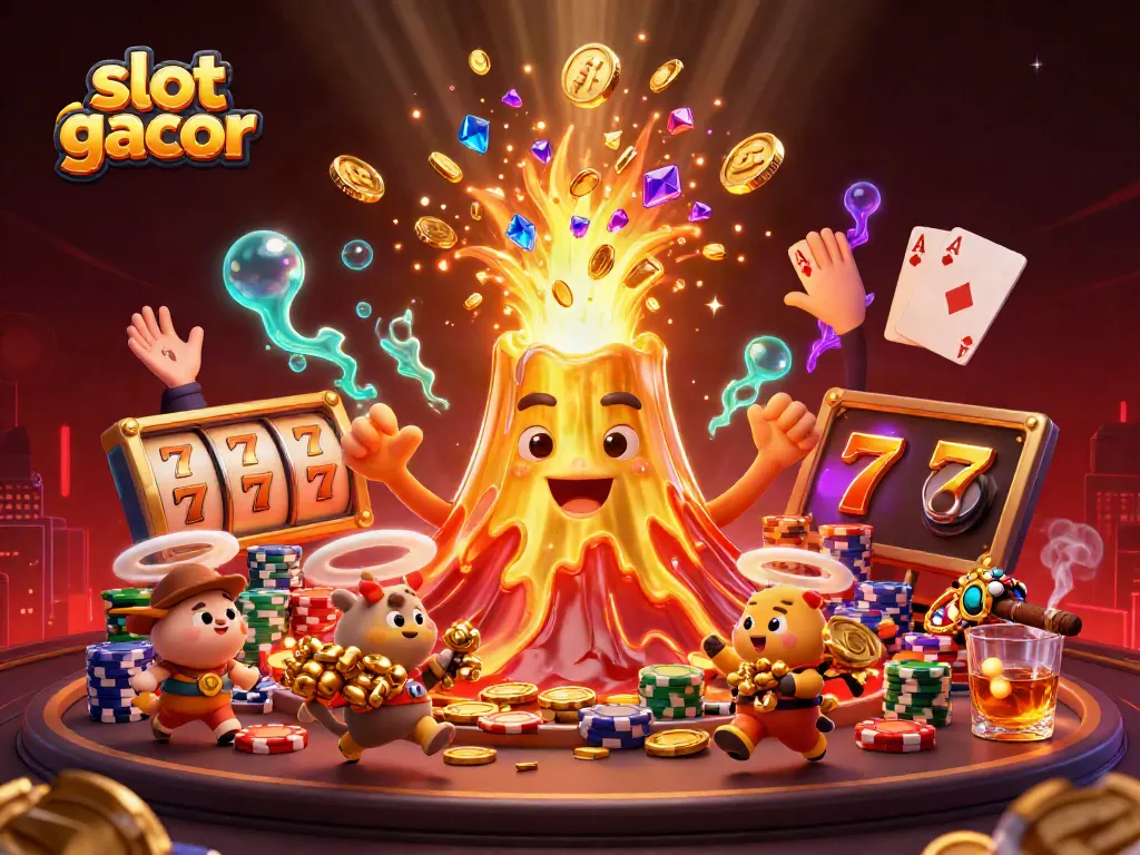 Engage with the excitement of slot gacor as a triumphant volcano erupts with treasures amidst casino-themed elements.