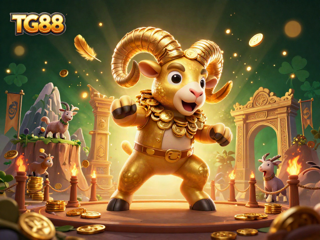 Engage in thrilling gameplay at TG88 with vibrant golden ram charging through a dynamic casino arena.