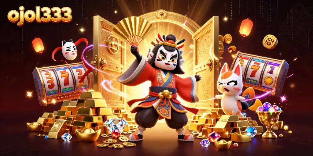 Engage in thrilling gameplay with ojol333, witnessing the majestic kabuki warrior amidst slot reels and treasures.