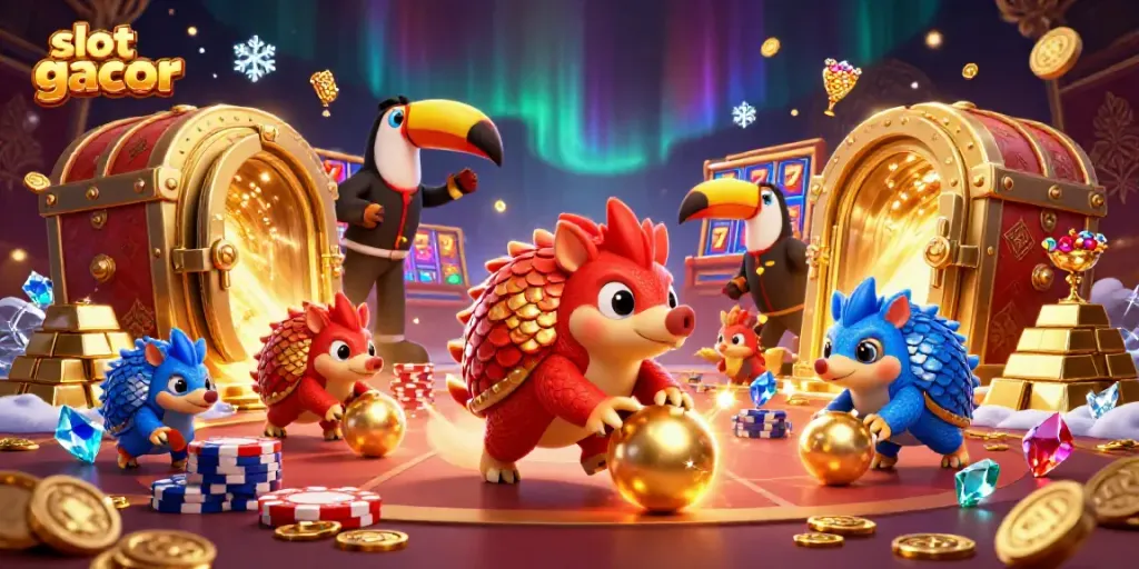 Engaging scene of rival pangolins in a playful slot gacor showdown surrounded by treasure.