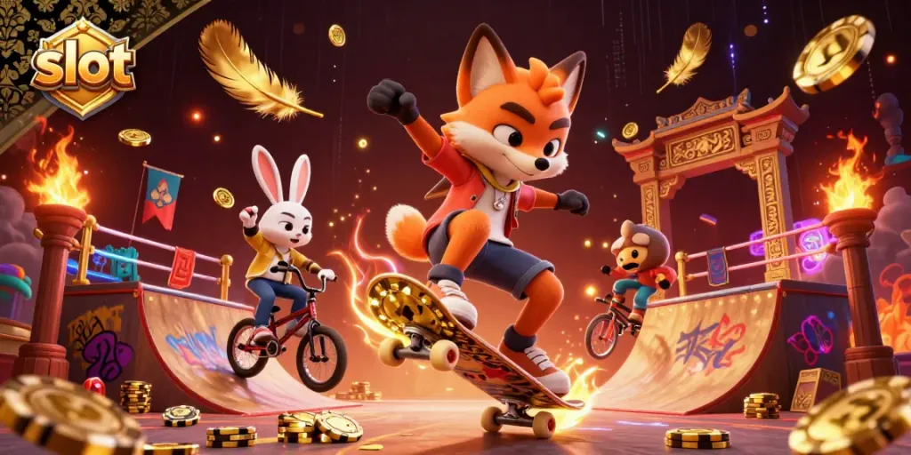Engage thrill in a vibrant slot scene featuring a fox and rabbit performing stunts amidst playful casino elements.