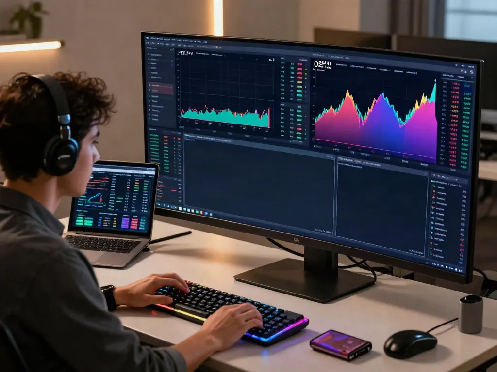 stock quote API displayed on multiple monitors in a cryptocurrency trading workspace with advanced technology.