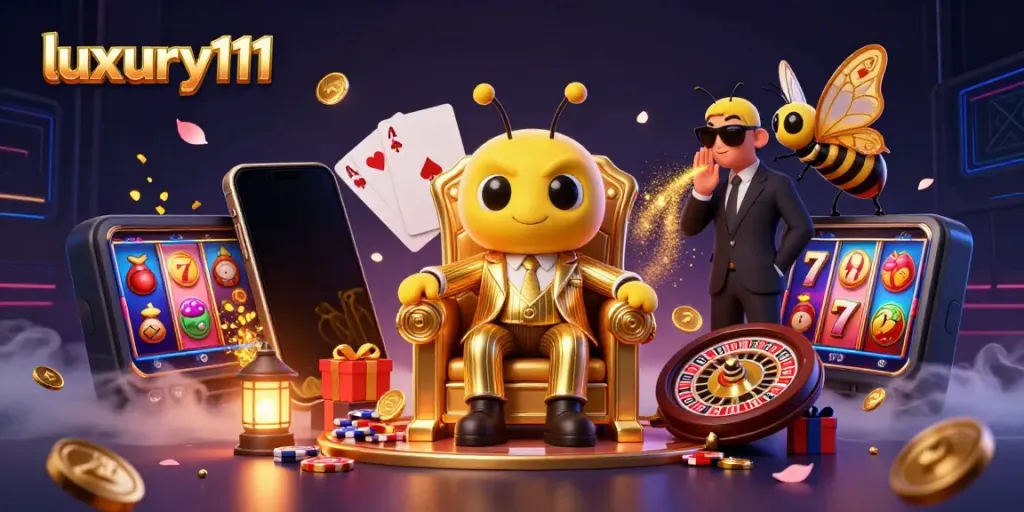Experience dynamic gaming with luxury111 in this ultra-detailed 3D casino scene featuring vibrant slot elements.