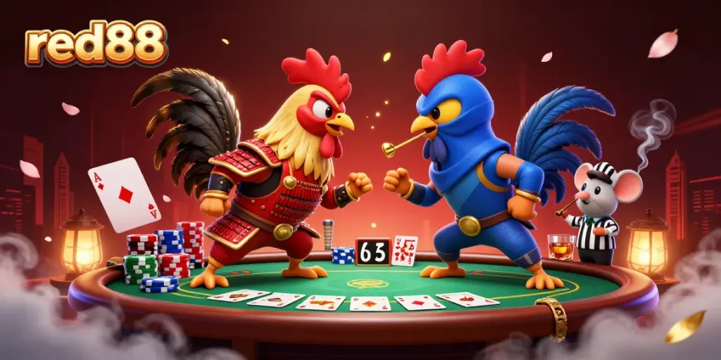 Experience thrilling cockfighting with red88, featuring a dramatic rooster showdown and gaming elements aplenty.