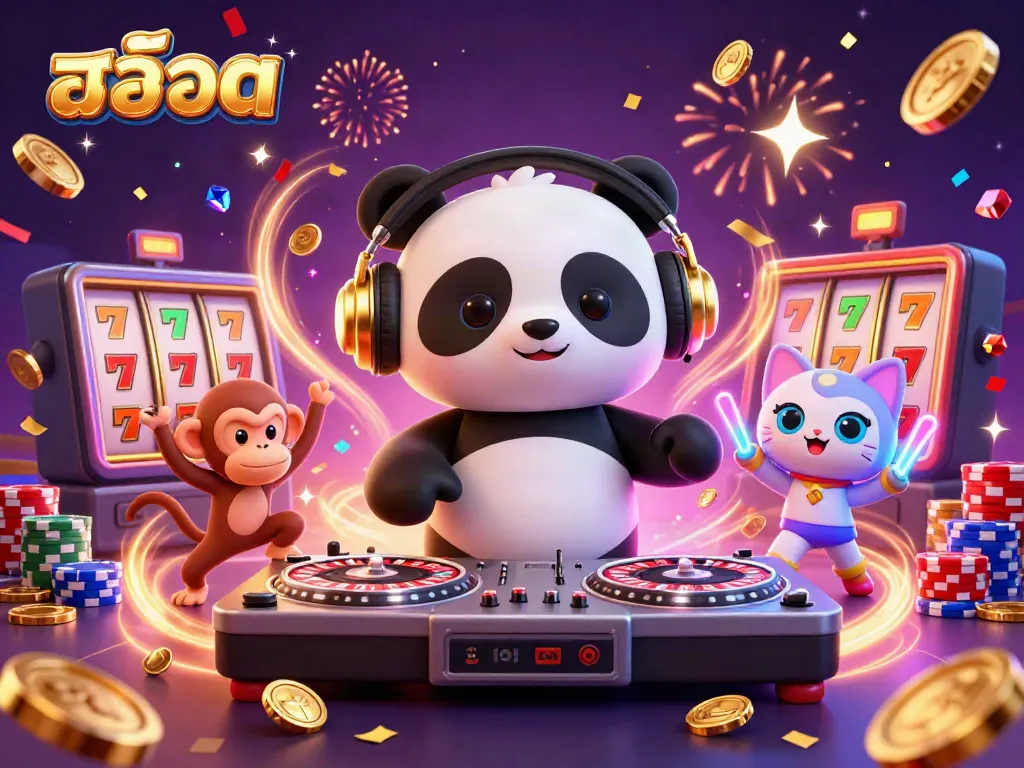 A vibrant scene featuring DJ panda and characters immersed in the excitement of สล็อต, surrounded by slot reels and colorful chips.