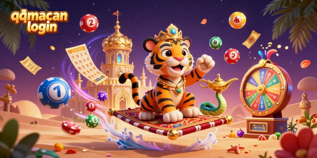 Engage in the excitement of QQMacan login showcasing a vibrant Arabian Nights casino scene with colorful elements.